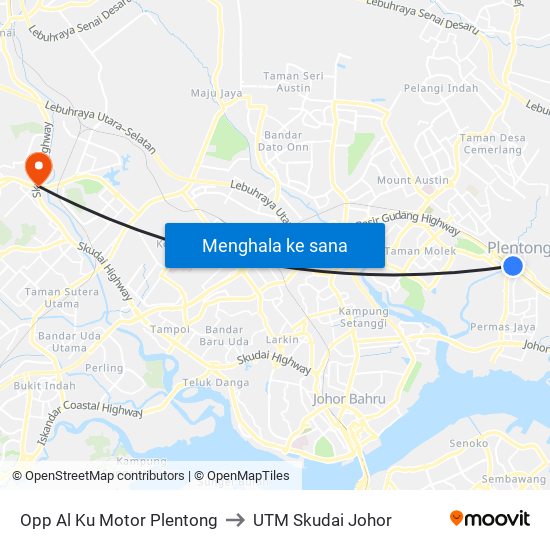 Opp Al Ku Motor Plentong to UTM Skudai Johor map