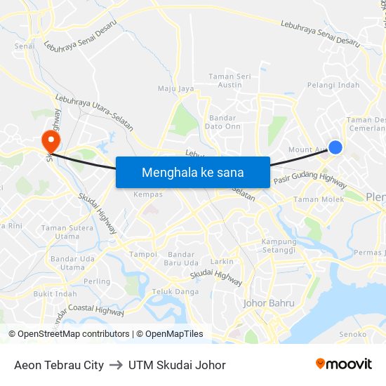 Aeon Tebrau City to UTM Skudai Johor map