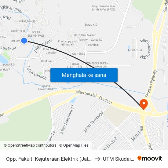 Opp. Fakulti Kejuteraan Elektrik (Jalan Kempas 1) to UTM Skudai Johor map