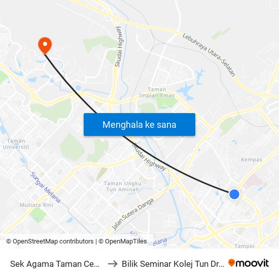 Sek Agama Taman Cempaka (0007660) to Bilik Seminar Kolej Tun Dr.Ismail, UTM Johor map