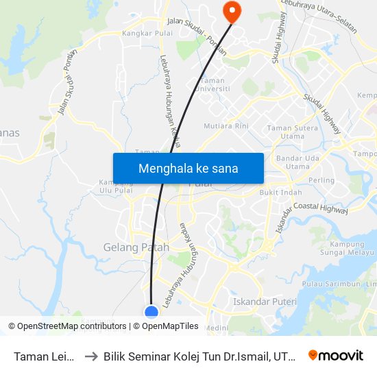 Taman Leisure to Bilik Seminar Kolej Tun Dr.Ismail, UTM Johor map