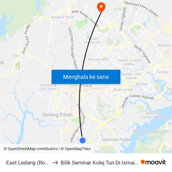 East Ledang (Road Side) to Bilik Seminar Kolej Tun Dr.Ismail, UTM Johor map