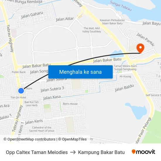 Opp Caltex Taman Melodies to Kampung Bakar Batu map