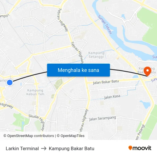Larkin Terminal to Kampung Bakar Batu map
