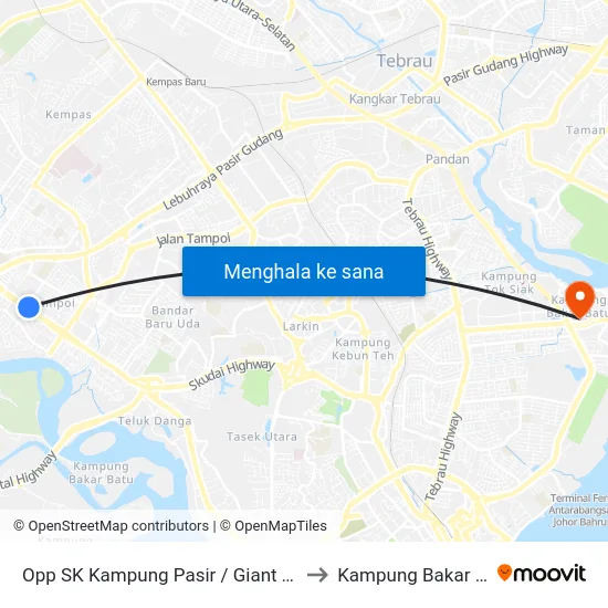 Opp SK Kampung Pasir / Giant Tampoi to Kampung Bakar Batu map