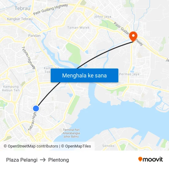 Plaza Pelangi to Plentong map
