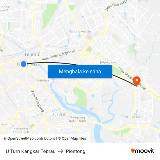 U Turn Kangkar Tebrau to Plentong map