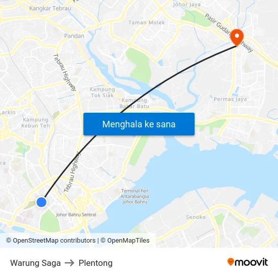 Warung Saga to Plentong map