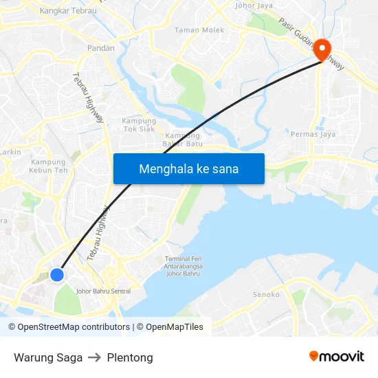 Warung Saga to Plentong map