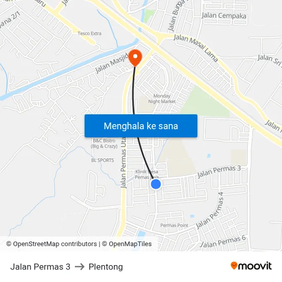Jalan Permas 3 to Plentong map