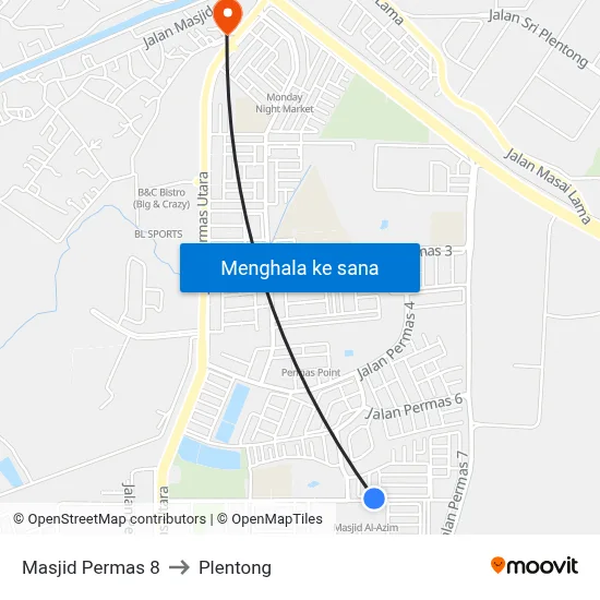 Masjid Permas 8 to Plentong map