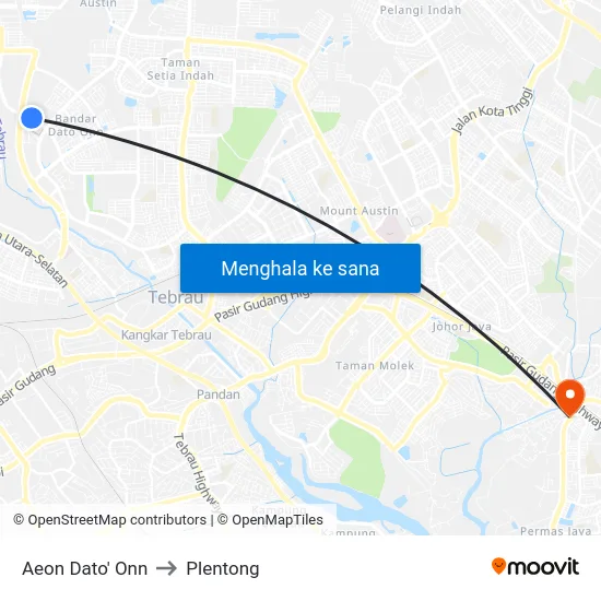 Aeon Dato' Onn to Plentong map