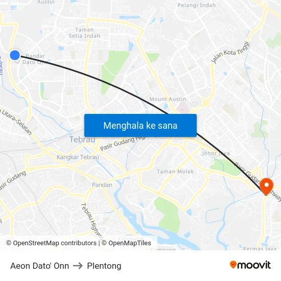 Aeon Dato' Onn to Plentong map