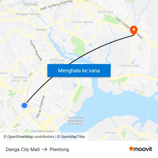 Danga City Mall to Plentong map
