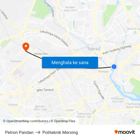 Petron Pandan to Politeknik Mersing map