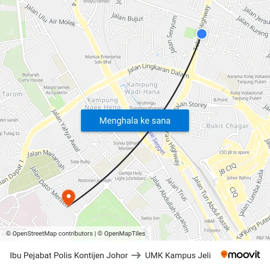 Ibu Pejabat Polis Kontijen Johor to UMK Kampus Jeli map