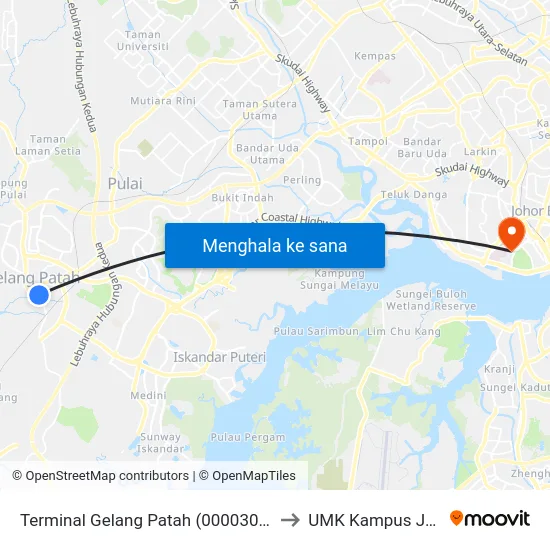 Terminal Gelang Patah (0000302) to UMK Kampus Jeli map