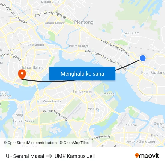 U - Sentral Masai to UMK Kampus Jeli map