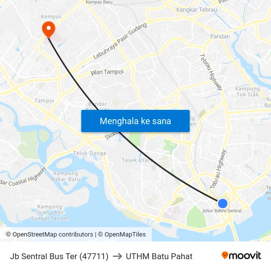 Jb Sentral Bus Ter (47711) to UTHM Batu Pahat map