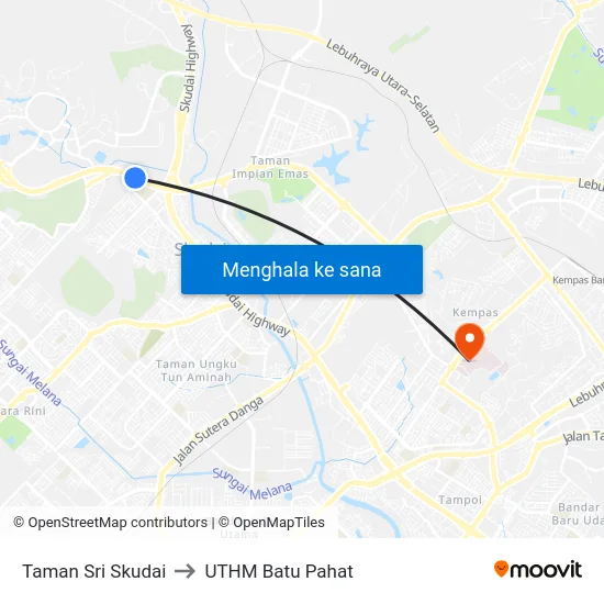Taman Sri Skudai to UTHM Batu Pahat map