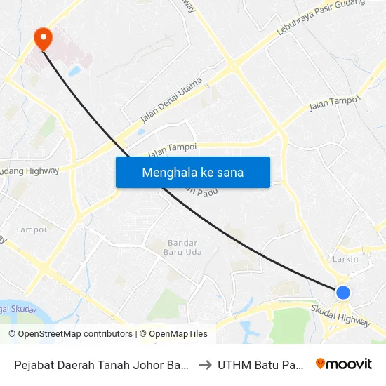 Pejabat Daerah Tanah Johor Bahru to UTHM Batu Pahat map