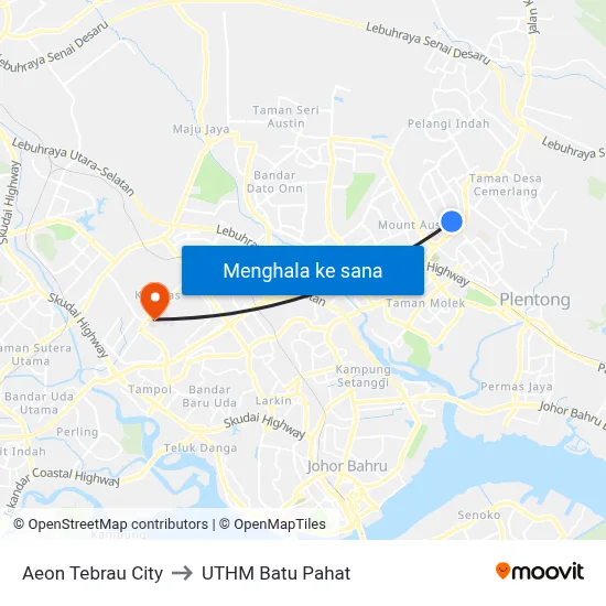 Aeon Tebrau City to UTHM Batu Pahat map