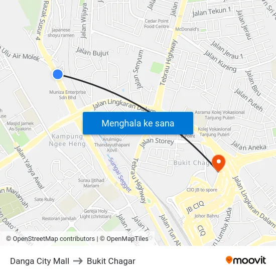 Danga City Mall to Bukit Chagar map