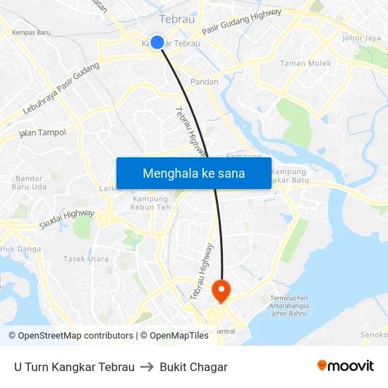 U Turn Kangkar Tebrau to Bukit Chagar map