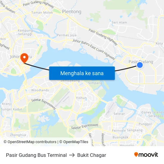 Pasir Gudang Bus Terminal to Bukit Chagar map