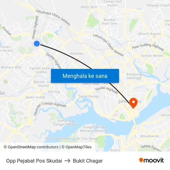 Opp Pejabat Pos Skudai to Bukit Chagar map