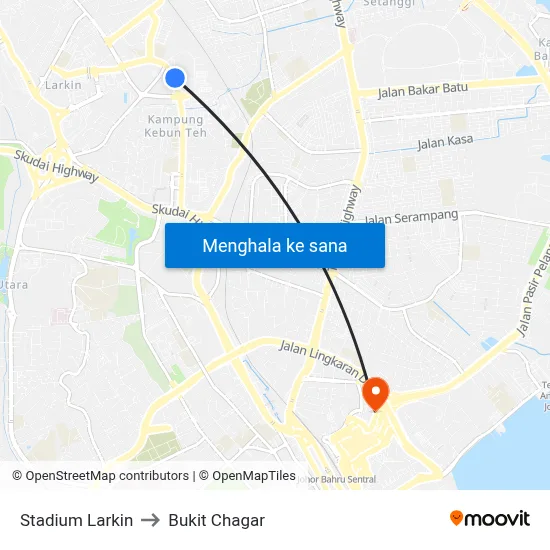 Stadium Larkin to Bukit Chagar map