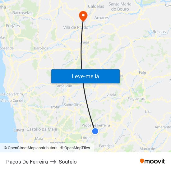 Paços De Ferreira to Soutelo map
