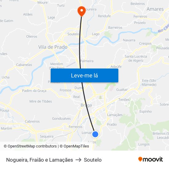 Nogueira, Fraião e Lamaçães to Soutelo map