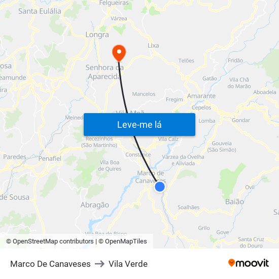Marco De Canaveses to Vila Verde map