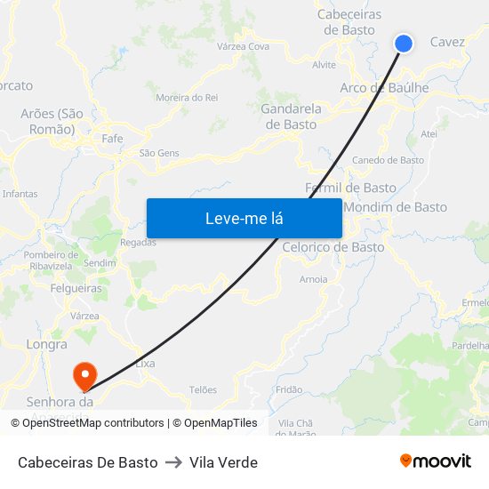 Cabeceiras De Basto to Vila Verde map