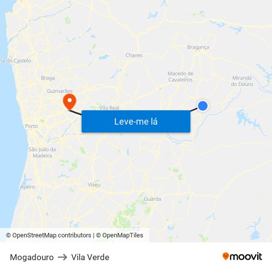 Mogadouro to Vila Verde map