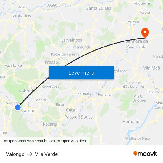 Valongo to Vila Verde map