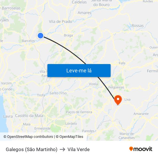 Galegos (São Martinho) to Vila Verde map