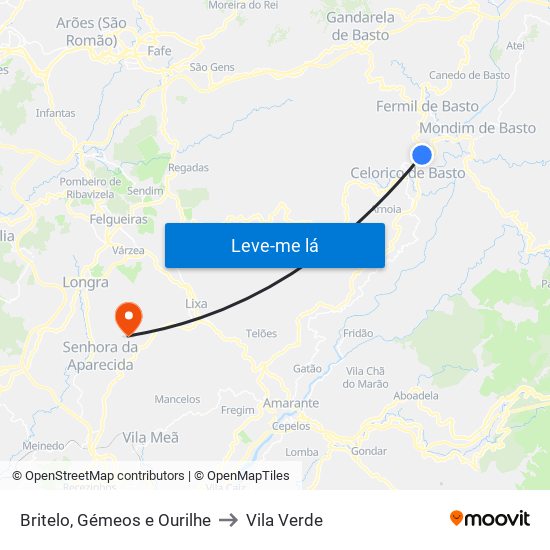 Britelo, Gémeos e Ourilhe to Vila Verde map