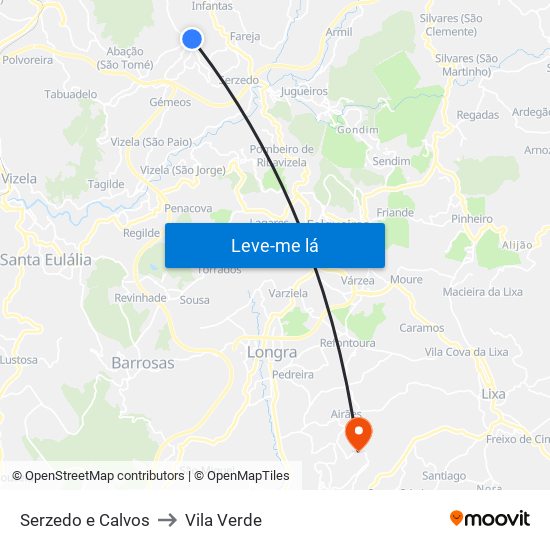 Serzedo e Calvos to Vila Verde map