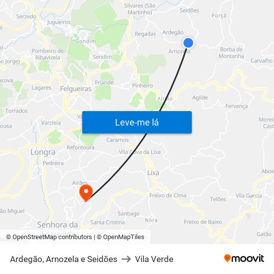 Ardegão, Arnozela e Seidões to Vila Verde map