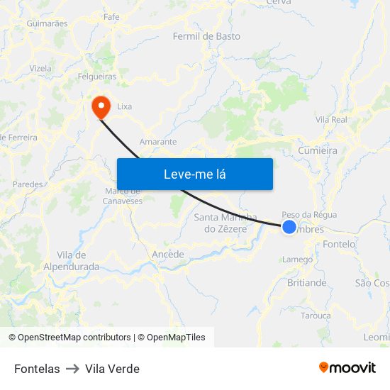 Fontelas to Vila Verde map