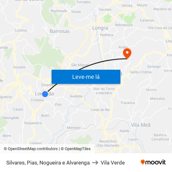 Silvares, Pias, Nogueira e Alvarenga to Vila Verde map