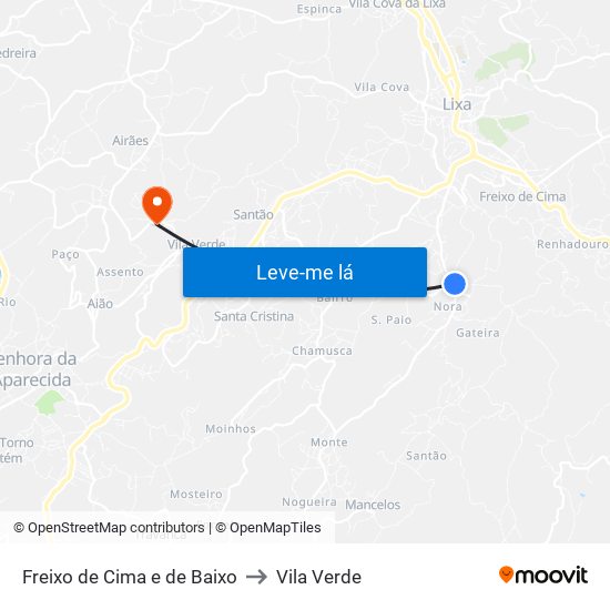 Freixo de Cima e de Baixo to Vila Verde map