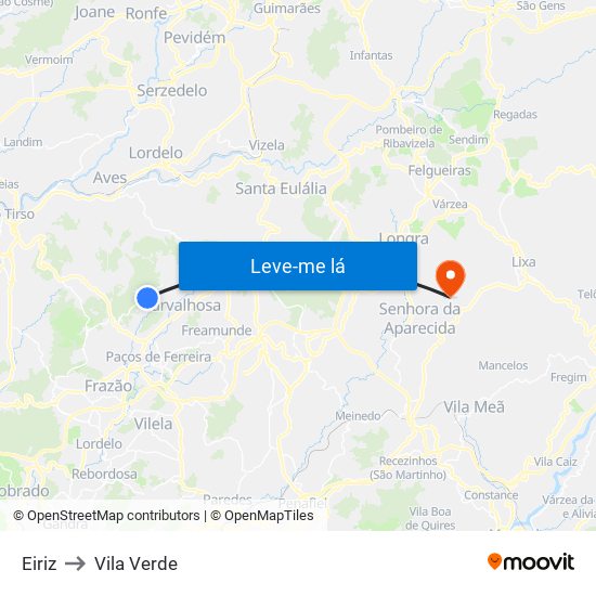 Eiriz to Vila Verde map