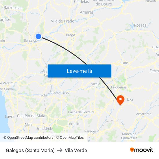 Galegos (Santa Maria) to Vila Verde map