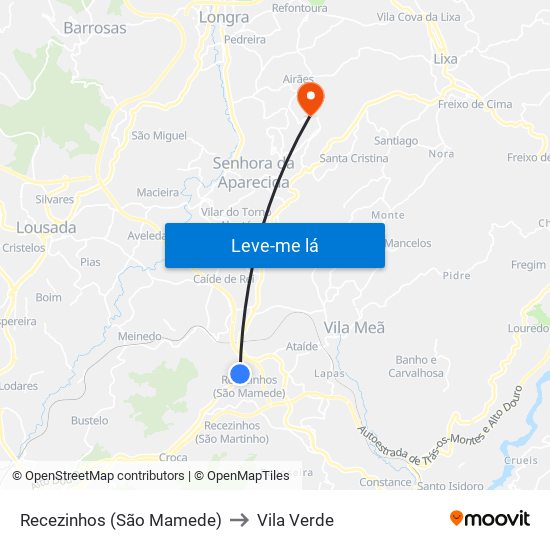 Recezinhos (São Mamede) to Vila Verde map