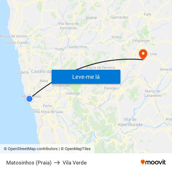 Matosinhos (Praia) to Vila Verde map
