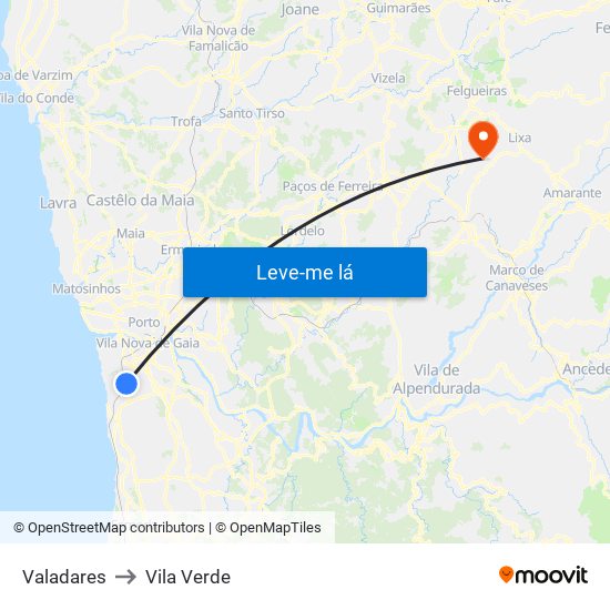 Valadares to Vila Verde map