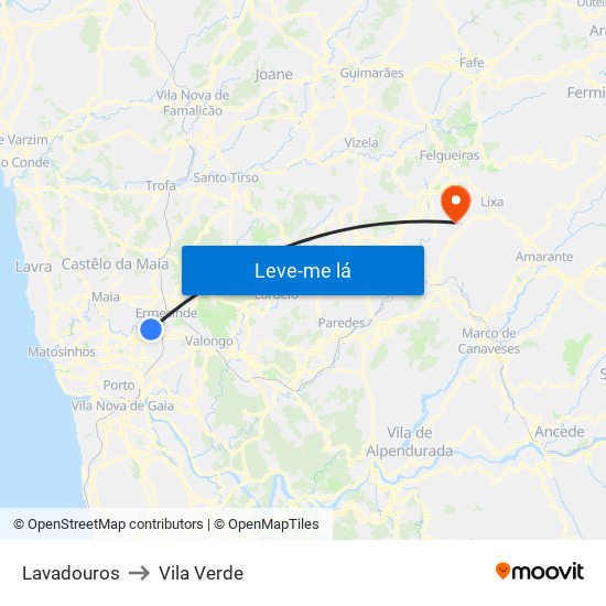 Lavadouros to Vila Verde map